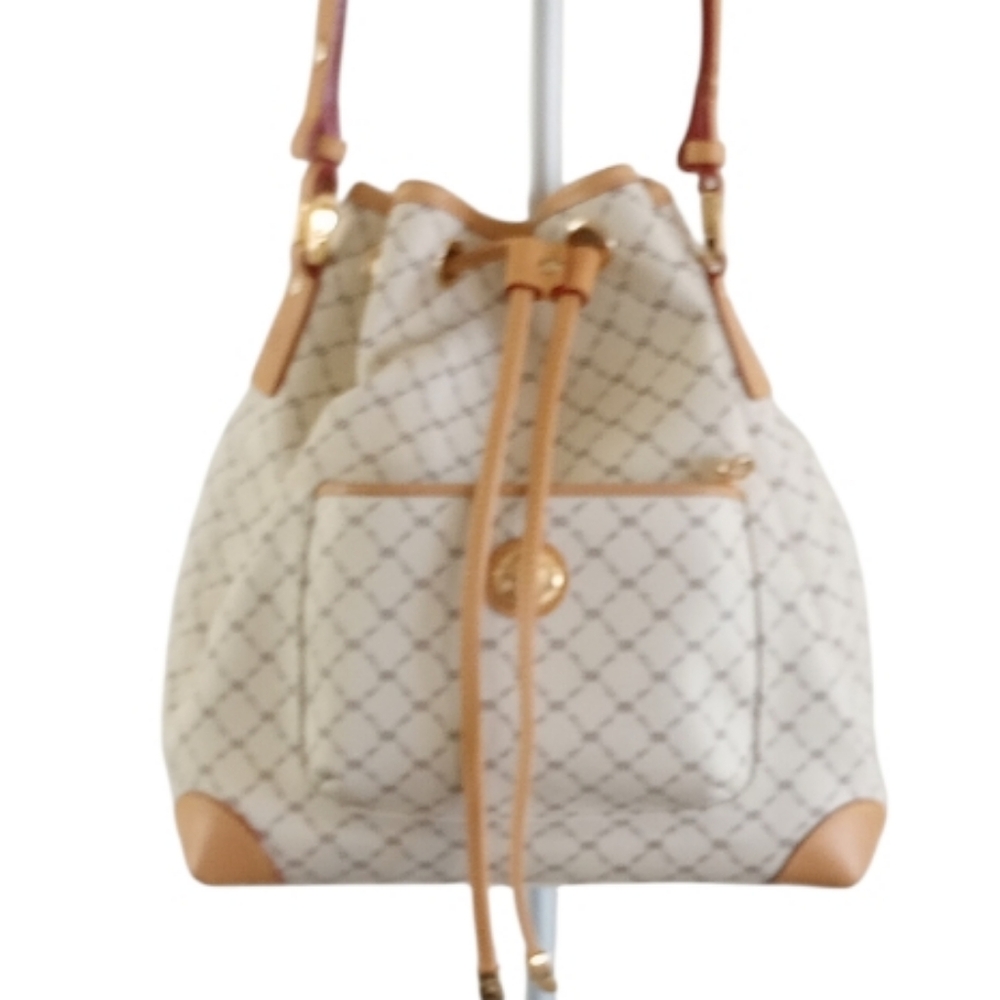 Rioni Ivory and Expressio Brown Monogram Print Alissa Shoulder Drawstring Purse